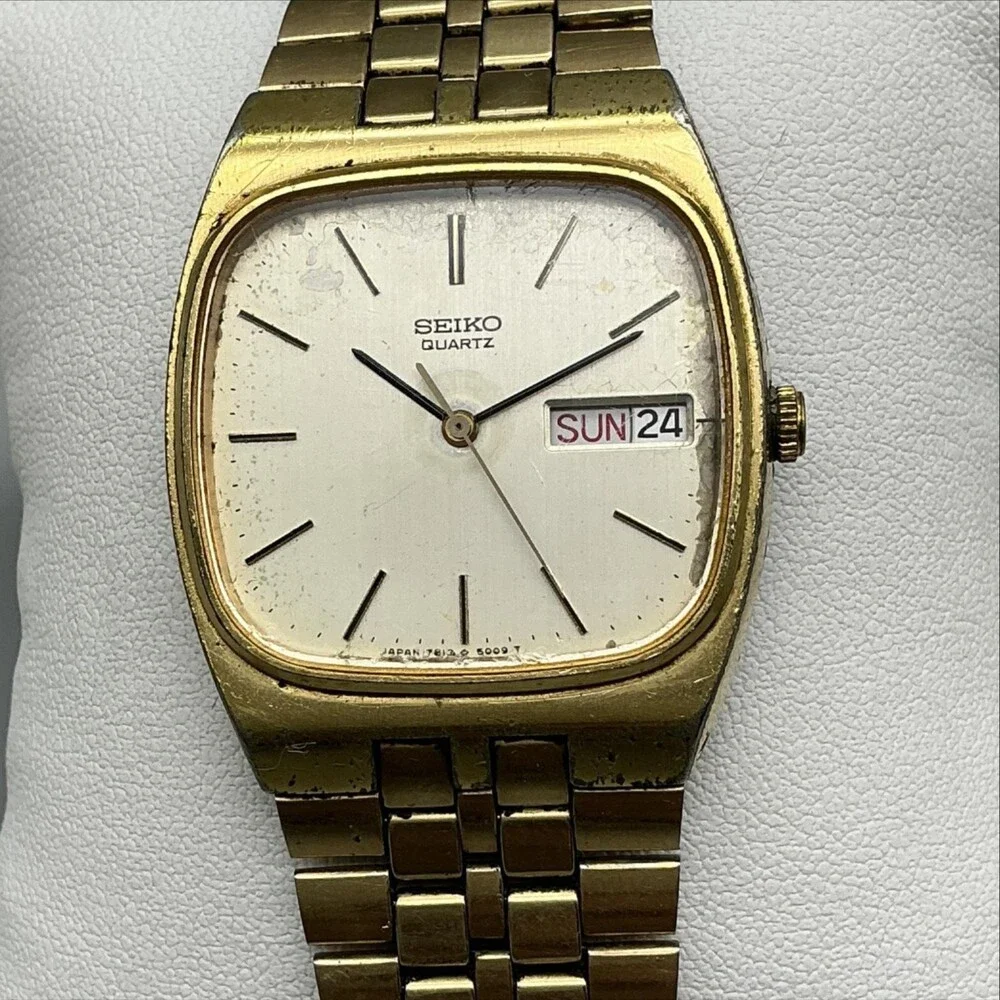 Vintage Seiko Mens Watch 31mm Gold Tone Day Date 7813-5009 New Battery